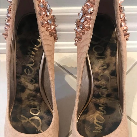 Sam Edelman Spiked Heel Rhinestone Peep Toe Leather Heel size 7.5 - Picture 3 of 5